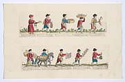 Plate 11 depicting the trades of Rome, here including vendors of pigs heads, milk, wine etc, from the 'Descrición de las artes que se llaman para los calles de la ciudad de Roma', Remondini Italian, Engraving with hand coloring