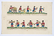 Unnumbered plate depicting the trades of Rome, here including vendors of kitchen pots, garden stakes, cups etc, from the 'Descrición de las artes que se llaman para los calles de la ciudad de Roma', Remondini Italian, Engraving with hand coloring