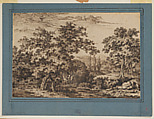 Landscape; a small island with two trees surrounded by water on the left; a tree by a cottage on the right, Carl Wilhelm Kolbe (German, Berlin 1759–1835 Dresden), Pen and brown ink on paper set into blue paper mat