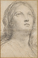 A pious woman, in bust-length, three-quarter view, with head raised to the upper right, Anonymous, Italian, late 17th to early 18th century , active in Rome Italian, Black chalk on white antique laid paper