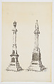 Two Grave Monument Designs, Topped with an Urn and a Gothic Pinnacle, Nos. 1366, 1365, Alexander Maxwell American, Pen and ink on onion skin paper