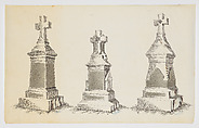 Three Grave Monument Designs with Crosses, Nos. 739, 969, 959, Alexander Maxwell American, Pen and ink on onion skin paper