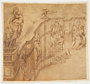 Design Fragment for the Left Side of the 'Fonte Gaia' in Siena, Jacopo della Quercia (Jacopo di Pietro d’Angelo di Guarnieri) (Italian, Siena 1374?–1438 Siena), Pen and medium brown ink, brush and brown wash, over traces of leadpoint and ruling, on vellum, glued onto secondary paper support