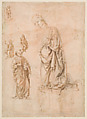Sketches of Figures of the Virgin Kneeling, Saint Peter Standing, Seated Allegorical Figures of Faith and Charity, and Child Standing on a Corbel (?) (recto); Sketches of Figures of Saint Sebastian Standing and the Virgin and Child with Angels (verso), Attributed to Francesco di Simone Ferrucci (Italian, Fiesole 1437–1493 Florence), Pen and brown ink, over leadpoint or black chalk, on rose-washed paper