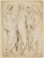 Three Standing Figures (recto); Seated Woman and a Male Hermit in Half-length (verso), Stefano da Verona (Stefano di Giovanni d'Arbosio di Francia) (Italian, Paris or Pavia ca. 1374/75–after 1438 Verona), Pen and brown ink, over traces of charcoal or black chalk (recto); pen and brown ink, brush with touches of brown wash, over traces of charcoal or black chalk (verso)