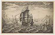 Four Sailing Ships on Choppy Seas, Robert Willemsz de Baudous  Netherlandish, Engraving