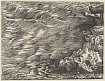 The Submersion of Pharoah's Army in the Red Sea, from twelve blocks: 'Block I, below Block H', showing the sea and a dog defecating, Titian (Tiziano Vecellio)  Italian, Woodcut