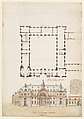 Perspectival View and Floorplan of a Public (?) Building, Anonymous, French, 17th century  French, Pen and brown ink and watercolor over black chalk