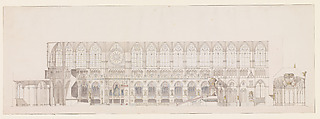 Cross Section of the Nave of Reims Cathedral, decorated for the Coronation of King Louis XVIII, Charles Percier (French, Paris 1764–1838 Paris), Pen and black ink, brush and gray, blue, yellow, violet, and rose wash
