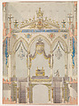 Interior Elevation of Reims Cathedral with the Rood Screen and Throne for the Coronation of King Louis XVIII, Charles Percier (French, Paris 1764–1838 Paris), Pen and black ink, with colored wash