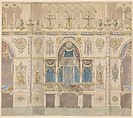 Elevation of Reims Cathedral with the Royal Box for the Coronation of Louis XVIII, Charles Percier (French, Paris 1764–1838 Paris), Pen and black ink, watercolor