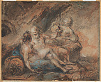Lot and His Daughters; Study of a man and two feet (verso), Gabriel de Saint-Aubin French, Pen and black ink, brush and gray wash, over black and red chalk, heightened with watercolor and gouache, on blue paper (recto); black and white chalk with stumping (verso)