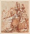 Design for a trade card for an ornamental sculptor, Gabriel de Saint-Aubin French, Red chalk and sanguine wash over black chalk underdrawing