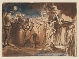 The Nighttime Fair, Gabriel de Saint-Aubin  French, Pen and brown ink, brush and brown wash, blue watercolor, heightened in white gouache, over traces of red chalk