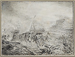 Arrival of the comte d’Estaing at the Island of Grenada, July 3, 1779, Gabriel de Saint-Aubin  French, Pen and black ink, brush and gray wash, over black chalk with stumping, over black chalk with stumping, touches of white gouache