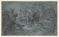 Diana and her Companions Hunting Wild Boar, Louis de Boullogne the Younger French, Black and white chalk on blue paper