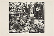 Rats marked with the Nazi Swastika devouring books, the padlocked 'Escuela Normal' at the right, Alfredo Zalce  Mexican, Linocut