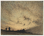 Evening Sky (Båstad), Nils Kreuger  Swedish, Fabricated black crayon (binder enriched, probably with wax), watercolor washes in varied hues, touches of blue pastel; signed in watercolor; on thick, manila colored, machine-made wove paper