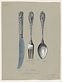 Design for a Silver Knife, Fork and Spoon "St. Marcus Pattern", Anonymous, Czech, early 20th century  Czech, Ink and gouache on gray paper