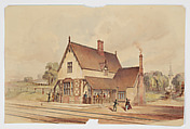 Victorian Rural Train Station and Railroad Crossing, John Connell Ogle British, Watercolo, pen and ink