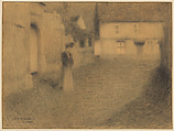 Evening in Gerberoy, Henri Le Sidaner French, Black wax crayon with framing line in pen and carbon black ink