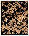Rich people in hell, Jean Charlot French, Woodcut on thin paper, backed to a cardboard support