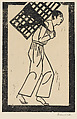 A young man carrying a cage on his back, set within a thick border, Mauricio Mexican, Woodcut on Japan paper