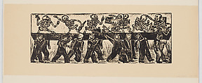 Workers supporting skeletons on a beam (prostitute calaveras), Everardo Ramírez Mexican, Woodcut