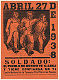 Poster relating to solidarity, a soldier and two workers walking together, Alfredo Zalce  Mexican, Linocut and letterpress printed on pink paper, backed with linen