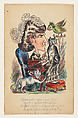 Original illustration for a comic Valentine: Old Maid with parrot and cat, N. Clayton  British, Hand-colored (watercolor) ink drawing on heavy stock, with poetry written in graphite script