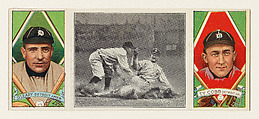 "A Desperate Slide for Third," with Chas. O'Leary and Tyrus Cobb, from the series Hassan Triple Folders (T202), Hassan Cigarettes American, Commercial lithographs with half-tone photograph