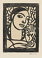 Head of a young woman, set within a thick border, Mauricio Mexican, Woodcut on Japan paper