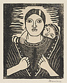 A young woman carrying a child on her back, set within a thick border, Mauricio Mexican, Woodcut on Japan paper