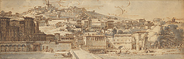 View of Lyon, Philippe Auguste Hennequin French, Pen and brown ink, brush and gray wash, over traces of black chalk on two joined sheets of paper