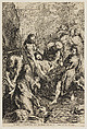 The Entombment of Christ, with the instruments of the passion in the foreground right and the three crosses in the background at top, Martinus van den Enden  Flemish, Etching and engraving; reverse copy