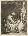 Boy Seated in a Studio, a plaster cast of the Christ-child in front of him, Wallerant Vaillant Dutch, Mezzotint; second state of two