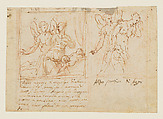 Two alternative designs for a composition of Hagar, Ismael, and the Angel, with the artist’s iconographic notes on the subject matter (recto); Fragmentary composition with a reclining woman and a cropped seated figure (verso), Anonymous, Italian, Venetian, 17th century, Pen and brown ink, over red chalk underdrawing, with some touches of brown ink wash in the sketch at left (recto); pen and brown ink, brush and brown wash, over black chalk underdrawing (verso)