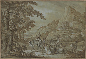 Landscape with Stags, Johann Elias Ridinger (German, Ulm 1698–1767 Augsburg), Pen and brown ink, with gray and brown wash and touches of white heightening and traces of graphite on blue paper