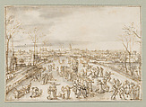 Ice skaters on the Amstel in Amsterdam, Hans Bol Netherlandish, Pen and brown ink, brush and gray wash; framing lines in pen and brown ink