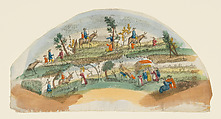 Fan design, donkeys and people in the countryside, Anonymous, British, 18th century British, Hand-colored etching