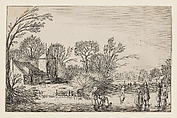 Winter Landscape with Skaters, from a series of 60 landscapes, Jan van de Velde I Netherlandish, Etching; second state of three (Hollstein)