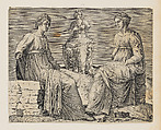 Three Seated Figures, Antique Statues from the Sassi Collection in Rome, Hieronymus Cock  Netherlandish, Engraving