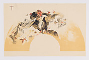 Fan leaf depicting woman in the wind with falling leaves, Jules-Alexandre Grün  French, Lithograph printed in black, red, and white