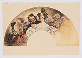 Fan leaf depicting woman with admirer and an older couple, Georges Redon  French, Lithograph printed in black, red, and white