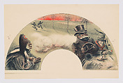 Fan leaf depicting gentlemen evading soldiers, Noël Dorville  French, Lithograph printed in black, red, and white