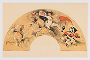 Fan leaf depicting gentleman courting women, Ferdinand Bac  French, Lithograph printed in black, red, and white