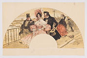 Fan leaf depicting a woman and an admirer crossing a bridge in Paris, Georges Redon  French, Lithograph printed in black, red, and white