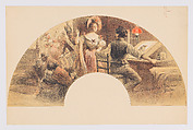 Fan leaf depicting an artist seated before his drawing board, Jose Belon  French, Lithograph printed in black, red, and white