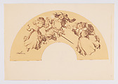 Fan leaf depicting frolicking Parisians, Abel Faivre French, Lithograph printed in black, red, and white