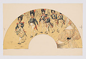 Fan leaf depicting regiment parading, Jacques-Marie-Gaston-Onfroy-de Bréville French, Lithograph printed in black, red, and white